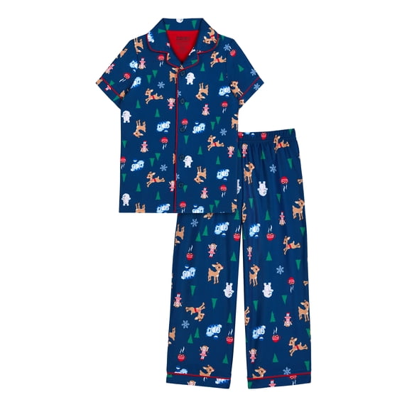 Rudolph Boys Short Sleeve Sleep Botton Front Top and Pants Pajama Set, 2-Piece, Sizes 4-12