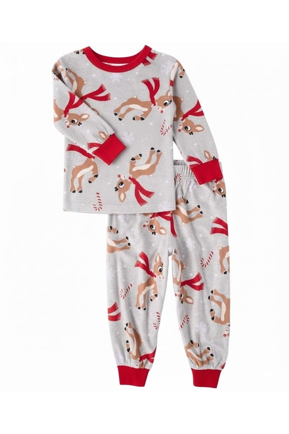 Rudolph Christmas Print Toddler Boy's Girl's Soft Footed Holiday Pajama Set, Size 5T