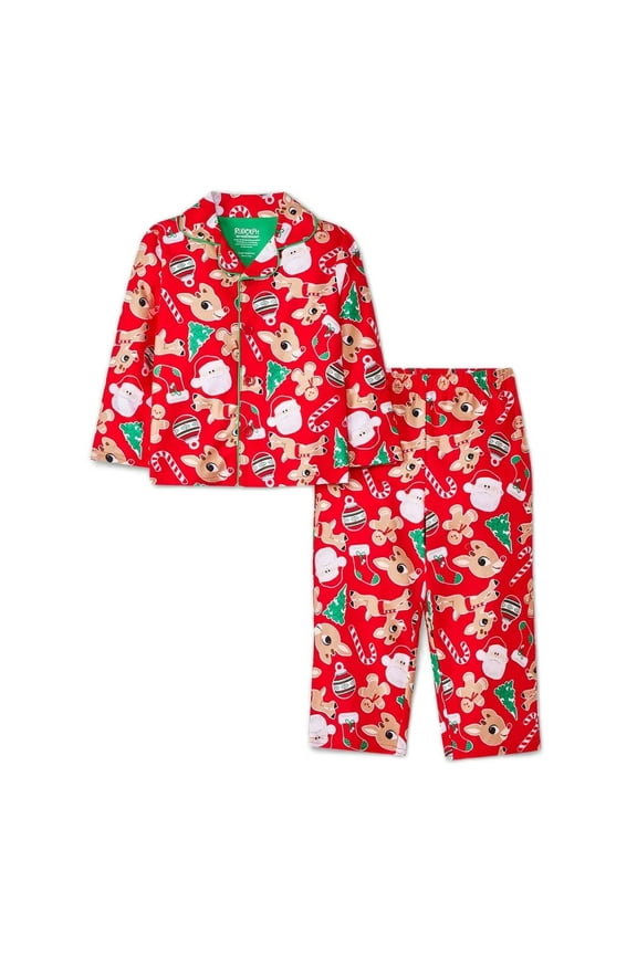 , Gingerbread, Christmas Print Girl's Holiday Flannel Coat Pajama Set, Size 2T