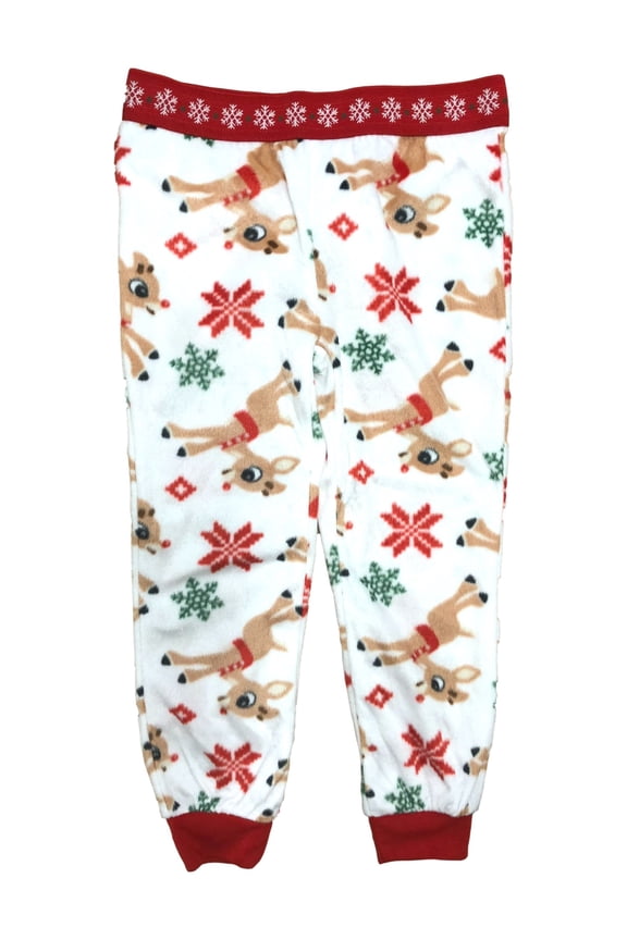Girls White Fleece Reindeer Joggers Sleep Pants Pajama Bottoms S (6-6X)