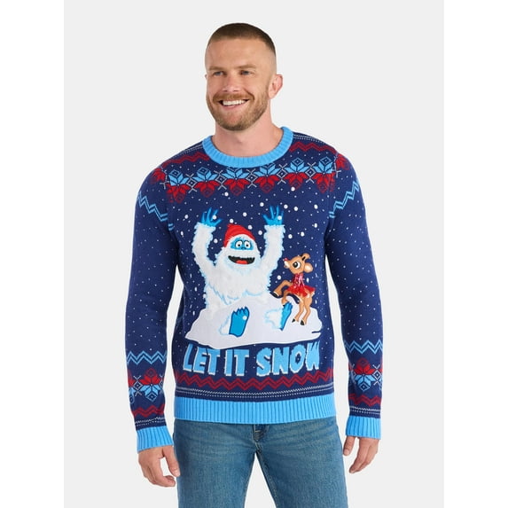 Rudolph The Red-Nosed Reindeer Men's Let It Snow Holiday Sweater, Midweight, Sizes S-3XL