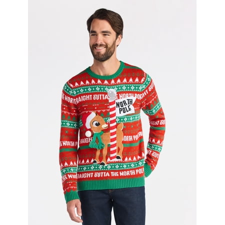 Rudolph The Red-Nosed Reindeer Men's North Pole Christmas Sweater, Midweight, Sizes S-3XL