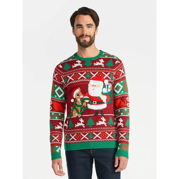 Rudolph The Red-Nosed Reindeer Men's Santa Christmas Sweater, Midweight, Sizes S-3XL