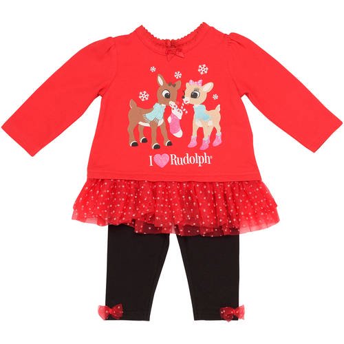 Rudolph Newborn Baby Girl Ruffle Top and Legging Set
