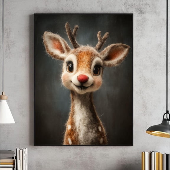 Rudolph Painting Reindeer Cute Wall Art, Whimsical Deer Noel Poster, Red Nose Noel Print, Moody Vintage Rudolph, Rustic Digital UNFRAMED PAPER POSTER, Home Decor, Vintage Gift, Living Room Dercor