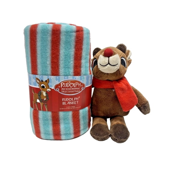 Rudolph Reindeer Blanket Fleece Throw with Plush Set