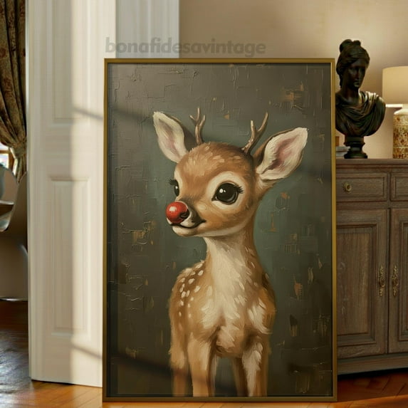 Rudolph Reindeer Wall Art, Whimsical Christmas Holiday Decor: Print Wall Art, 32x48 UNFRAMED