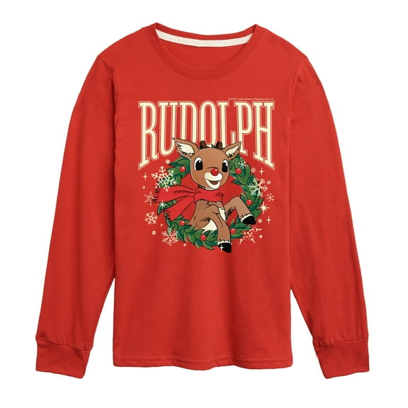 Rudolph - Rudolph Wreath Collegiate - Youth Long Sleeve Graphic T-Shirt