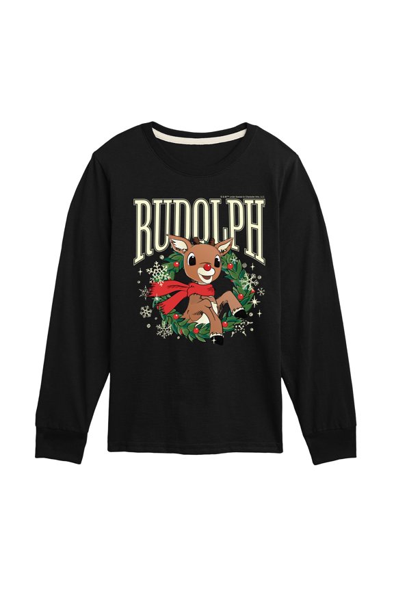 - Rudolph Wreath Collegiate - Youth Long Sleeve Graphic T-Shirt