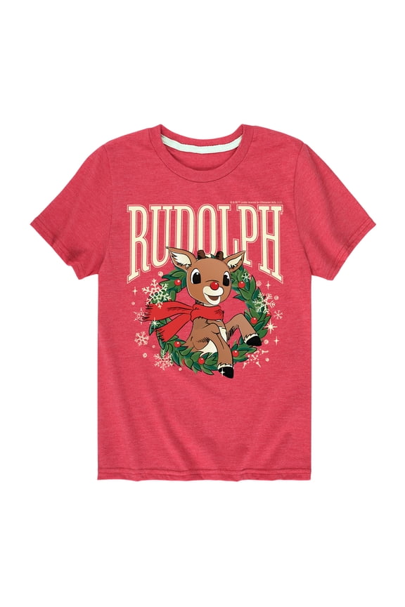 - Rudolph Wreath Collegiate - Youth Short Sleeve Graphic T-Shirt
