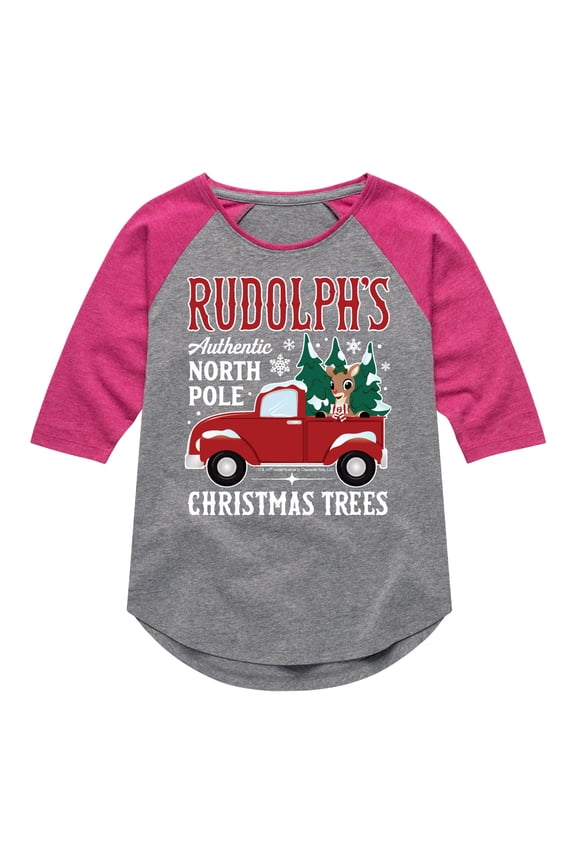 - Rudolphs Christmas Trees - Youth Girls Shirt Tail Raglan T-Shirt