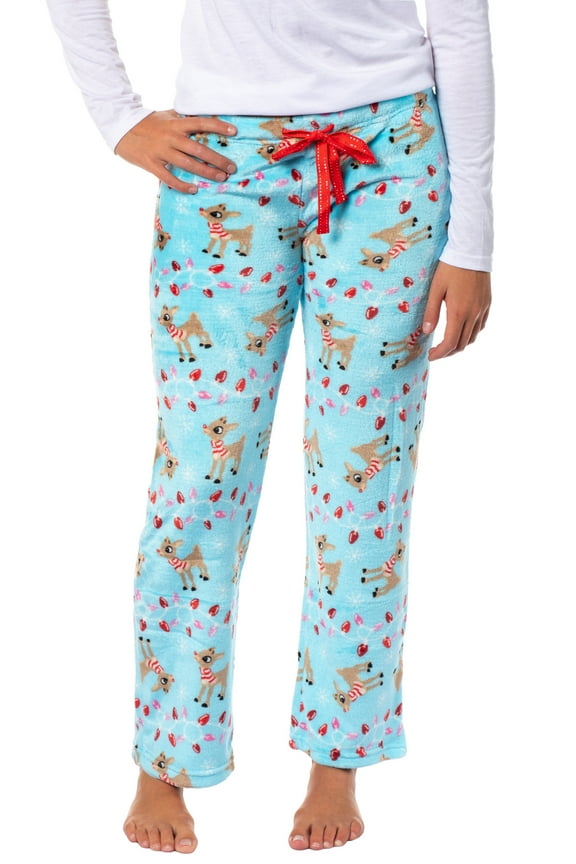 Rudolph The Red-Nose Reindeer Woman's Holiday Lights Plush Fleece Pants Juniors Lounge Pajama Pants Adjustable Waistband