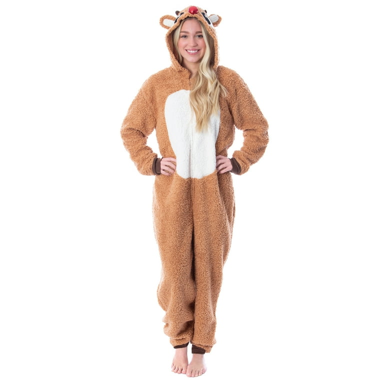 Rudolph The Red Nosed Reindeer Adult Faux Shearling Union Suit Pajama Fleece One Piece Footless Sleeper Sleepwear