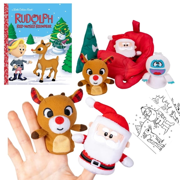 Rudolph The Red-Nosed Reindeer Set Includes Hardcover Classic, Finger Puppet Playset with Sleigh, Abominable Snowman Yeti, Santa, Christmas Tree and Rudolph, as Well as Activity Pages