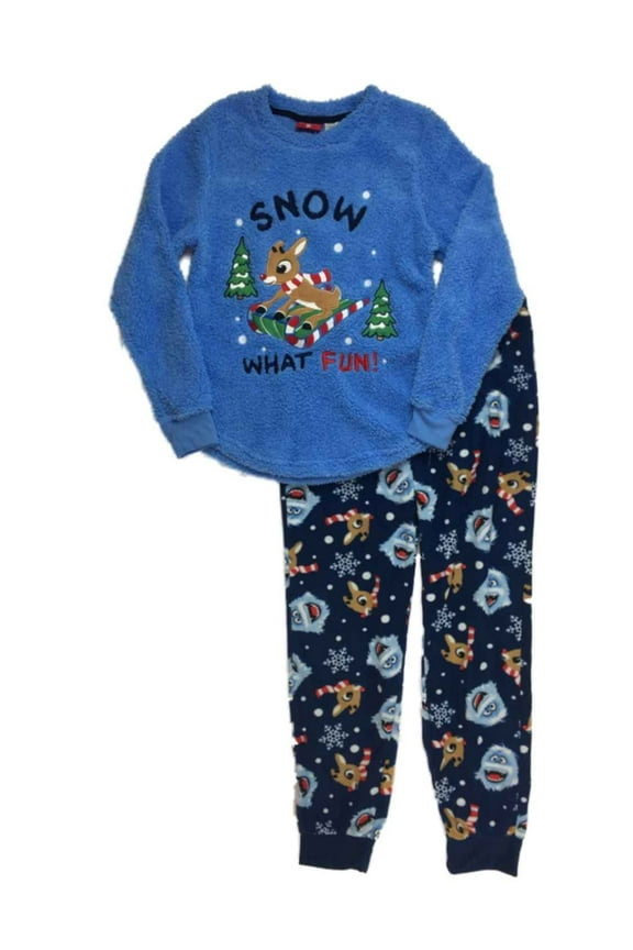 Rudolph The Red Nosed Reindeer Womens Fleece Pajamas Snow What Fun Sleep Set XS