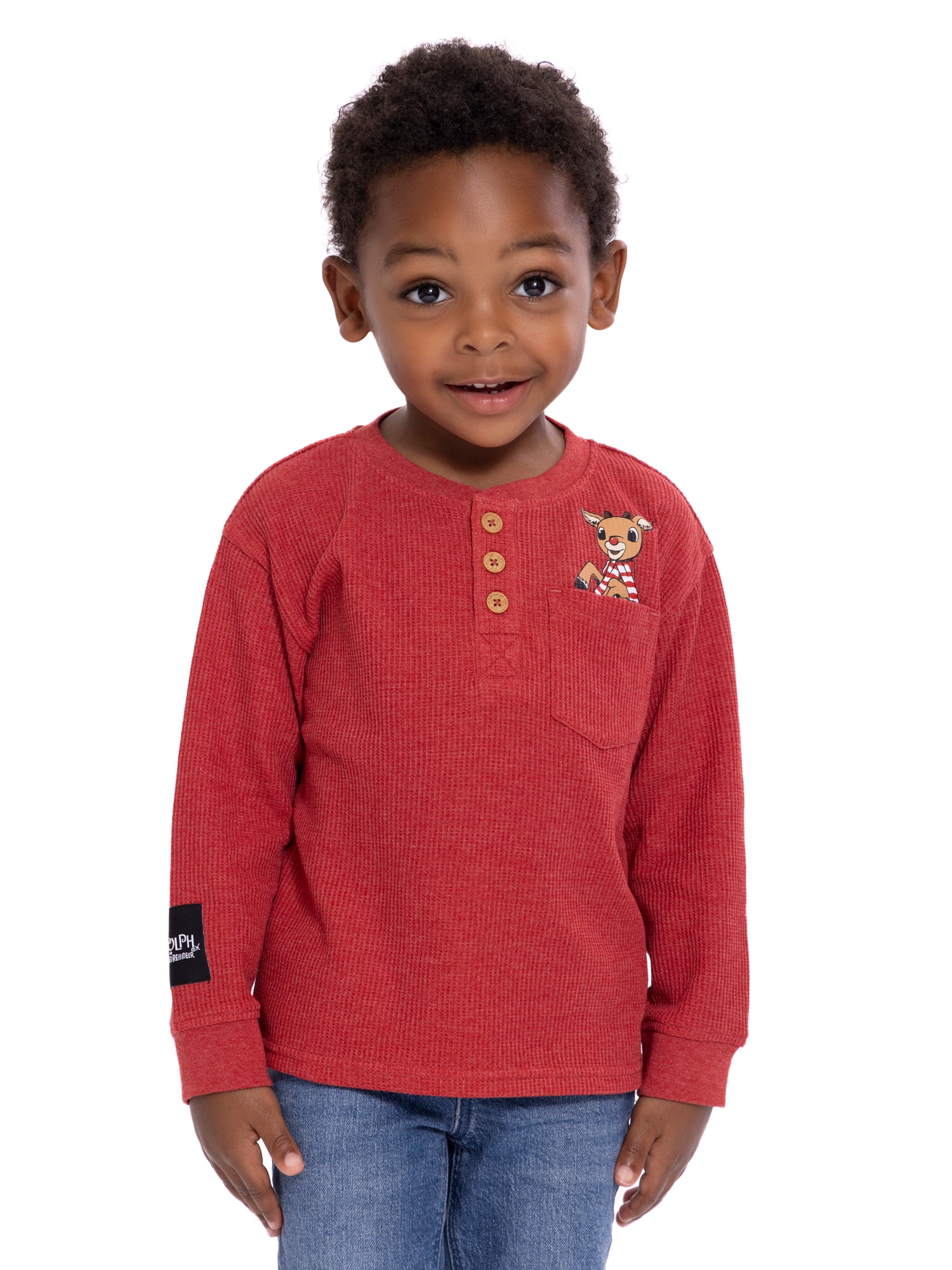 Rudolph the Red-Nosed Reindeer Toddler Boys Thermal Henley Shirt with Long Sleeves, Sizes 12M-5T