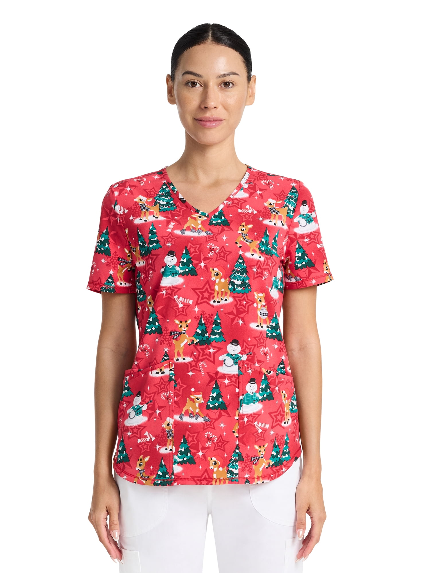 Rudolph Warm And Cozy Women's V-Neck Print Scrub Top, Sizes XS-3XL
