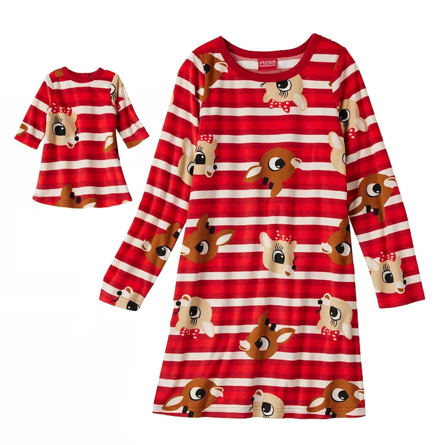 RUDOLPH THE RED-NOSED REINDEER Rudolph and Clarice Girl's Soft Brushed Velvety Velour Nightgown with Doll Gown, Size 8