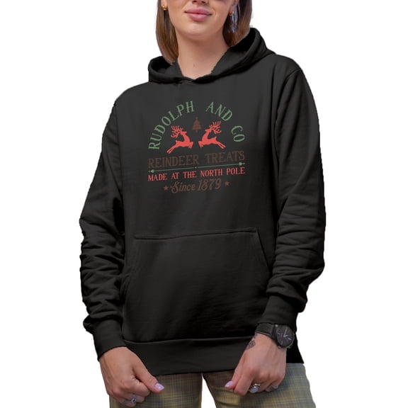 Rudolph and Co Reindeer Treats Made at North Pole Since 1879, Christmas Merch Gift, Black Hooded Sweatshirt or Hoodie, 3XL