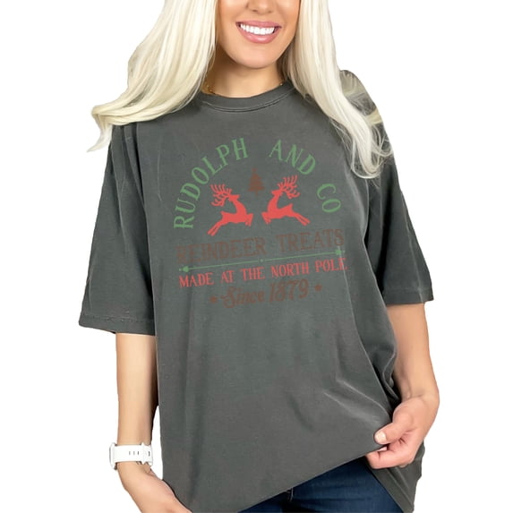 Rudolph and Co Reindeer Treats Made at North Pole Since 1879, Christmas Merch, Pepper Comfort Colors T-Shirt, Medium