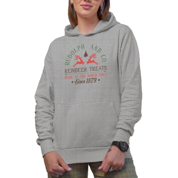 Rudolph and Co Reindeer Treats Made at the North Pole Since 1879, Christmas Art Merch Gift, Heather Grey Hooded Sweatshirt or Hoodie, 3XL