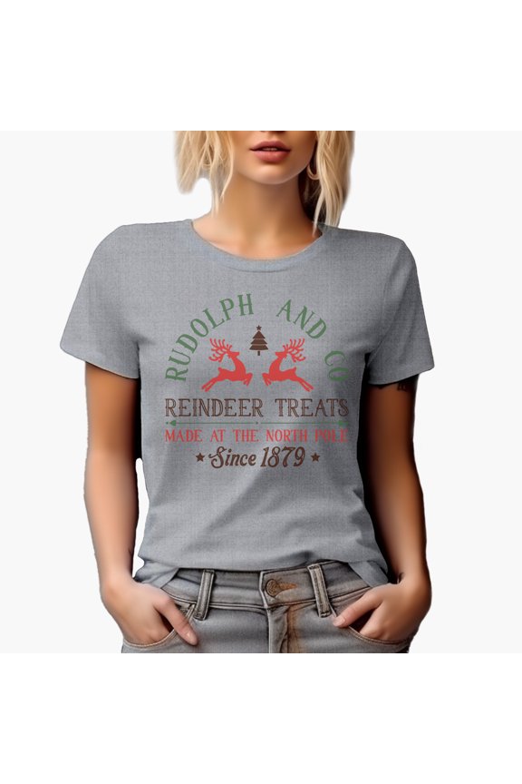 Rudolph and Co Reindeer Treats Made at the North Pole Since 1879, Christmas Art Merch Gift, Heather Grey T-Shirt, Medium
