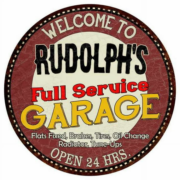 Rudolph's Full Service Garage 14" Round Metal Sign Man Cave Decor 100140037437