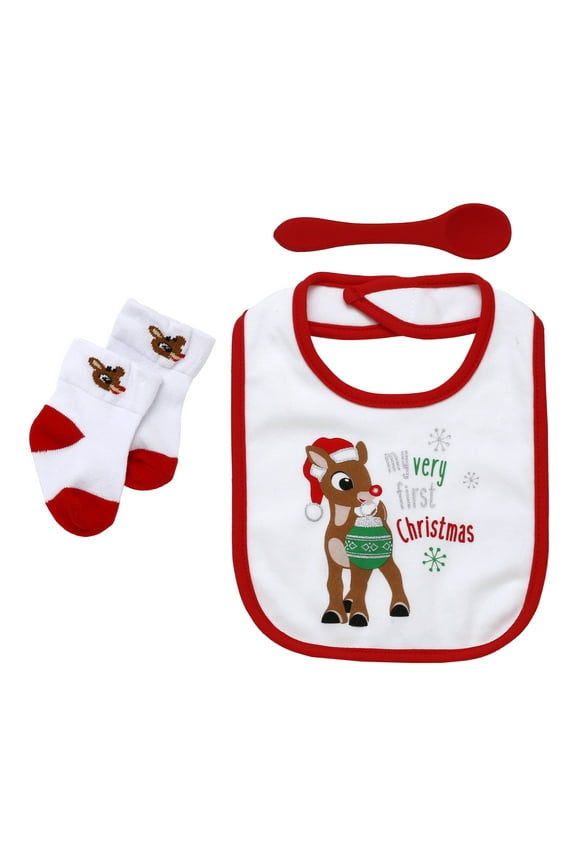 3 Piece Bib, Spoon and Socks Set, Rudolph