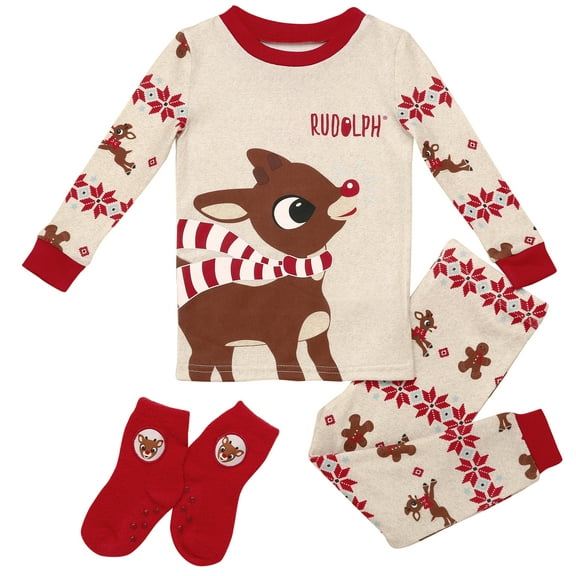Rudolph the Red Nosed Reindeer 3 Piece Snug Fit Pajamas Set for Boys, Rudolph Red, 12M