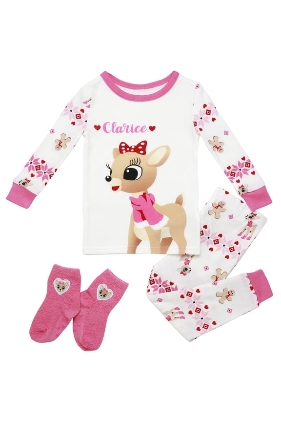 Rudolph the Red Nosed Reindeer 3 Piece Snug Fit Pajamas Set for Girls, Clarice Pink, 3T