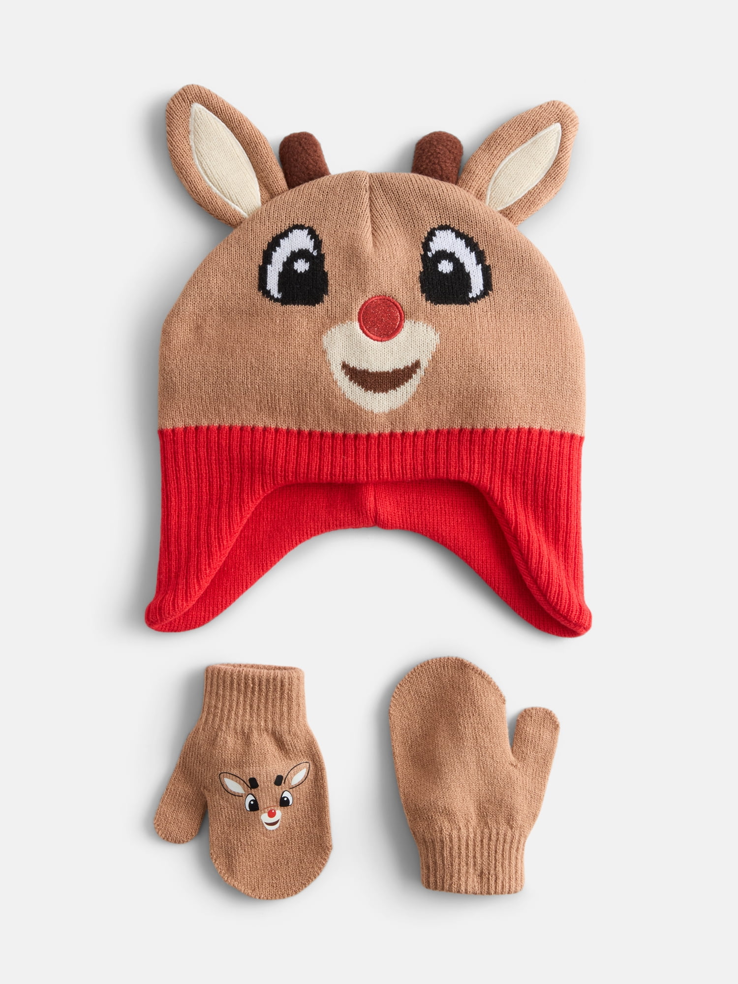 Rudolph the Red-Nosed Reindeer Toddler Girls Knit Beanie and Mitten Set, 2 Piece, One Size