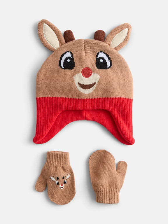 the Red-Nosed Reindeer Toddler Girls Knit Beanie and Mitten Set, 2 Piece, One Size