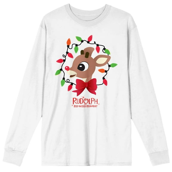 Rudolph the Red-Nosed Reindeer with Christmas Lights and Movie Title Logo Men's White Crew Neck Long Sleeve Graphic Tee-Medium
