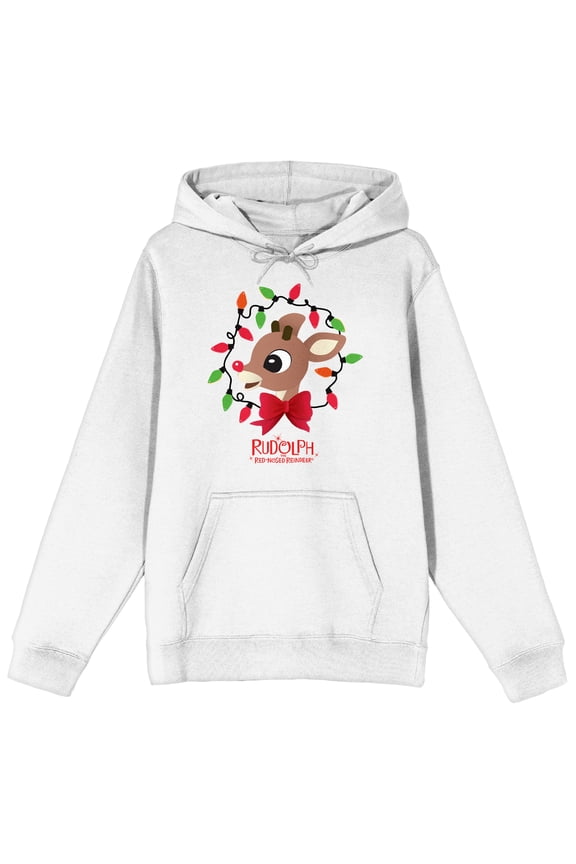 Rudolph the Red-Nosed Reindeer with Christmas Lights and Movie Title Logo Men's White Graphic Hoodie-XL
