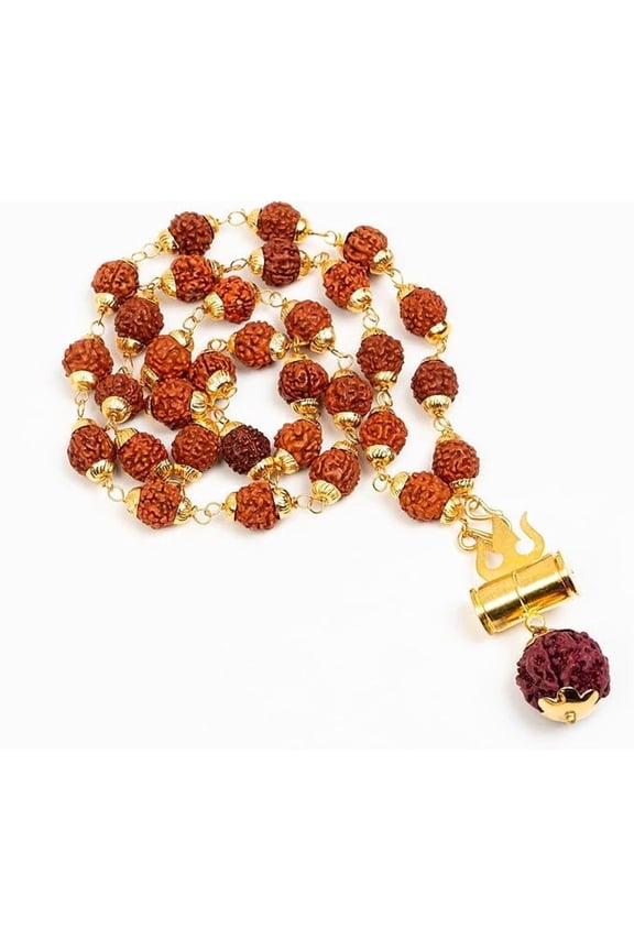 Rudraksha Mala with Brass Caps & Shiva Trishul | Natural Rudraksha Beads Necklace | Hindu Prayer Jewelry|Healing Mala |Unique Religious Gift