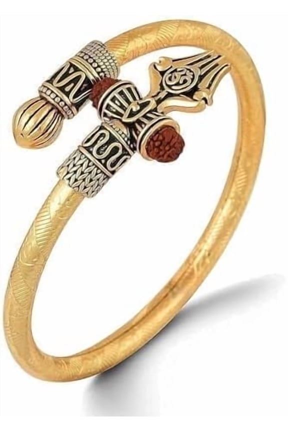 Rudraksha Om Damru Trishul Cuff Golden Bracelet for Men Bahubali Kada,Indian Traditional Kada/cuff Bracelet