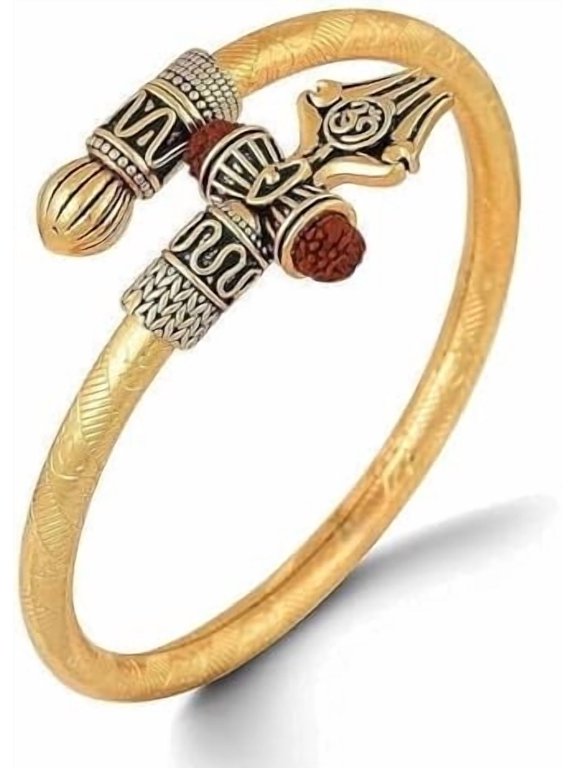 Rudraksha Om Damru Trishul Cuff Golden Bracelet for Men Bahubali Kada,Indian Traditional Kada/cuff Bracelet