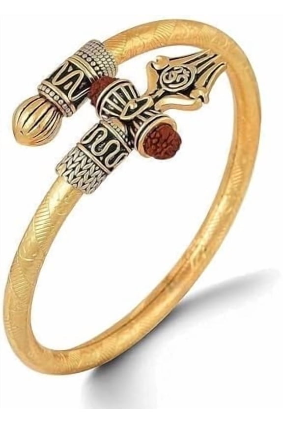 Rudraksha Om Damru Trishul Cuff Golden Bracelet for Men Bahubali Kada,Indian Traditional Kada/cuff Bracelet