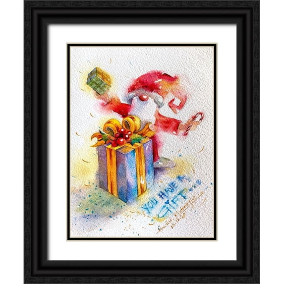 Rudraksi, Ashwini 15x18 Black Ornate Wood Framed with Double Matting Museum Art Print Titled - Santa With Gift
