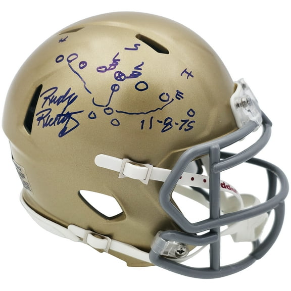 Rudy Ruettiger Autographed Notre Dame Fighting Irish Gold Speed Mini Helmet "Play Sketch" Beckett BAS Witness 244039