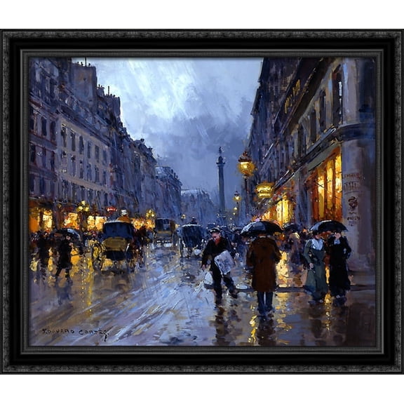 Rue de la Paix, Rain 32x28 Large Black Ornate Wood Framed Canvas Art by Edouard Cortes