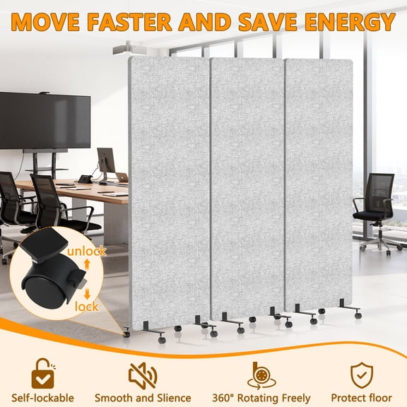 Ruestay 3 Panel Room Divider, Tall Rolling Privacy Screen with Lockable Wheels, Folding Wall Dividers Portable Room Divider for Room Separation, Included - Cover Strips, 72''W x 66''H,Light Grey