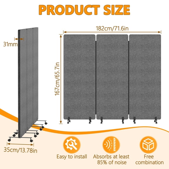 Ruestay Soundproof Room Divider with Wheels, 66in Office Dividers for Sound Proofing & Reducing, 3 Panel Sound Proof Dividers for Office Partitions Portable Temporary Wall Acoustic,Dark Gray