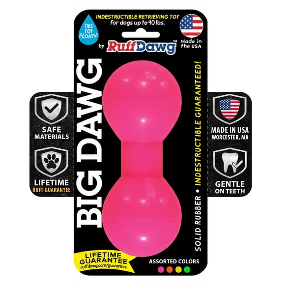 Ruff Dawg Big Dawg Barbell Medium Pink – Heavy-Duty Solid Rubber Dog Chew Toy for Small to Medium Dogs Under 40 lbs – Floats & Bounces – Made in USA