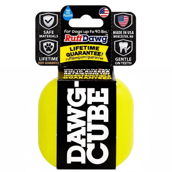 Ruff Dawg Cube Medium 2.5 Indestructible Dog Toy, Yellow – Heavy-Duty Rubber Fetch & Chew Toy for Aggressive Chewers – Erratic Bounce, Floats, BPA & Latex Free – Made in USA