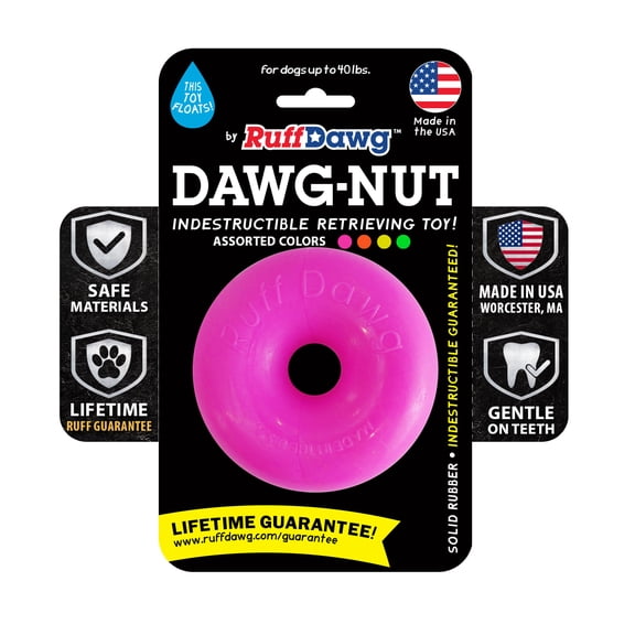 Ruff Dawg Dawg-Nut Medium 3.5” Pink – Heavy-Duty Solid Rubber Donut Dog Chew Toy for Dogs Under 40 lbs – Floats & Bounces – Made in USA