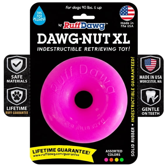 Ruff Dawg Dawg-Nut XL 4.5” Pink – Heavy-Duty Solid Rubber Donut Dog Chew Toy for Dogs 40 lbs & Up – Floats & Bounces – Made in USA