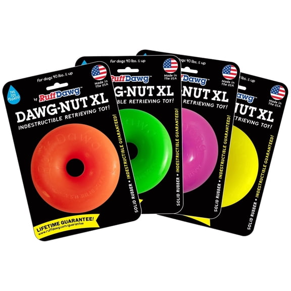 Ruff Dawg Dawg-Nut XL 4.5 Heavy-Duty Solid Rubber Donut Dog Chew Toy for Dogs 40 lbs & Up Floats & Bounces - Assorted Neon Colors