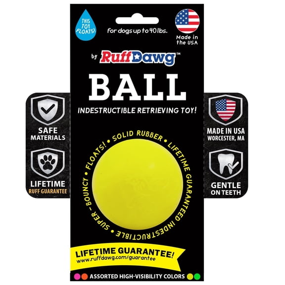 Ruff Dawg Indestructible Dog Ball Med 2.5” Yellow – Heavy-Duty Rubber Fetch Toy for Aggressive Chewers – Extreme Bounce, Floats, BPA & Latex Free. Neon Color Varies
