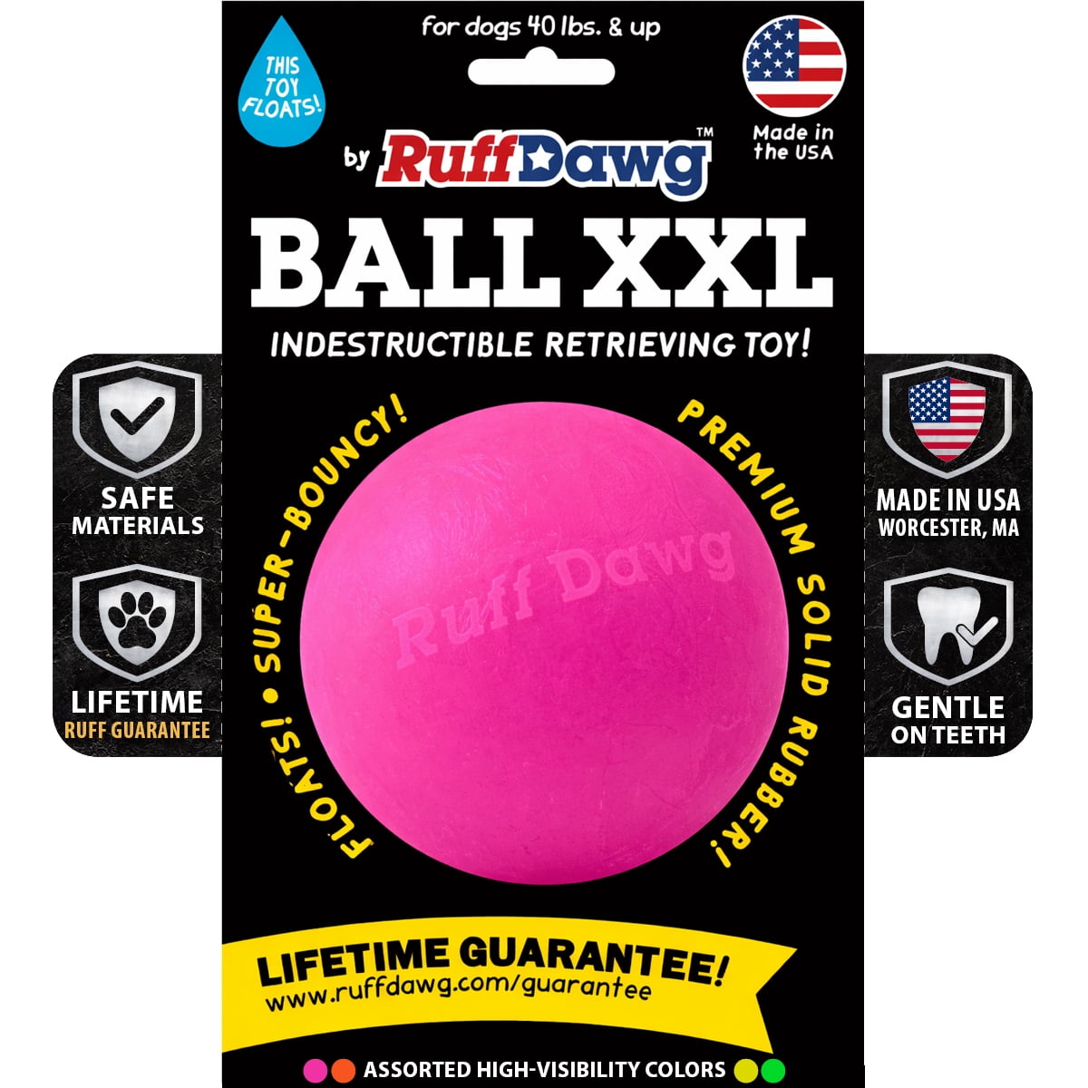 Ruff Dawg Indestructible Dog Ball XXL 4” Pink – Heavy-Duty Rubber Fetch Toy for Aggressive Chewers – Extreme Bounce, Floats, BPA & Latex Free – Made in USA
